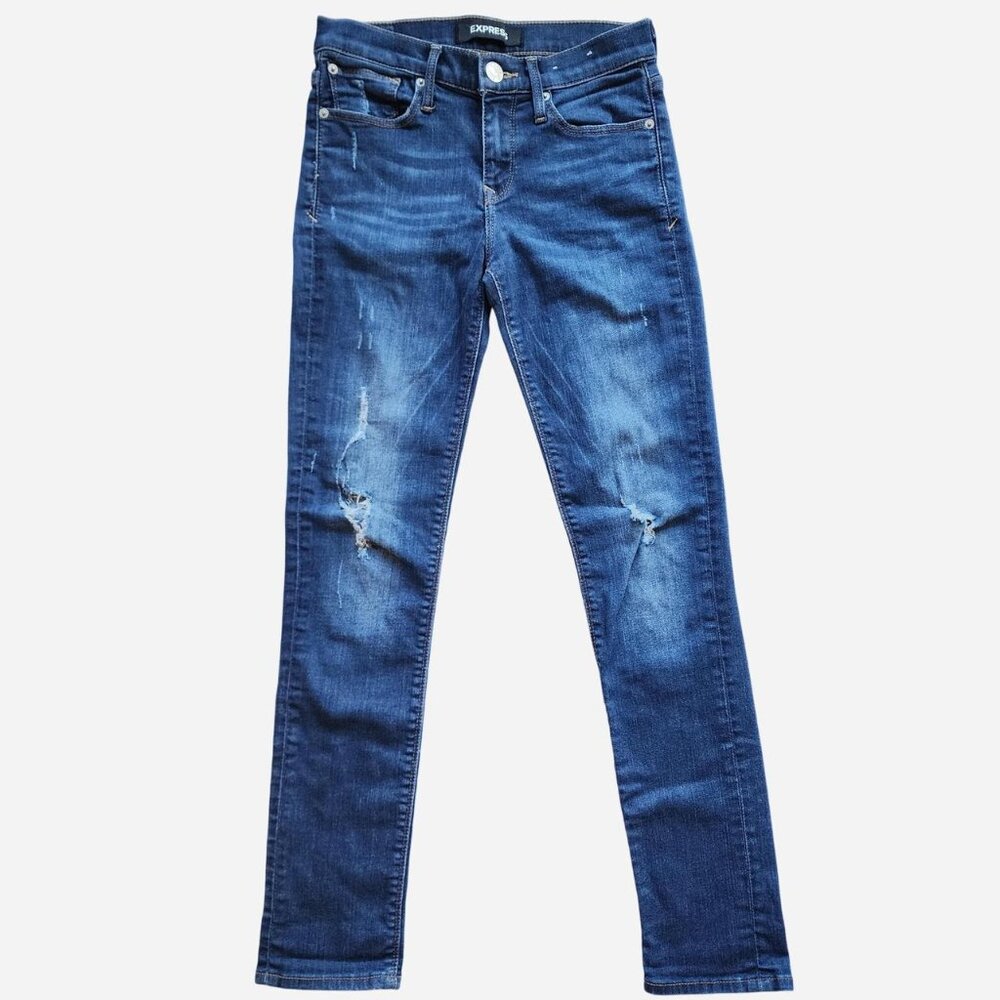 Express distressed mid-rise dark blue skinny jeans - size 2 regular